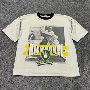 Vtg Milwaukee Brewers MLB Shirt Mens Large Short Sleeve Graphic 90s USA Logo